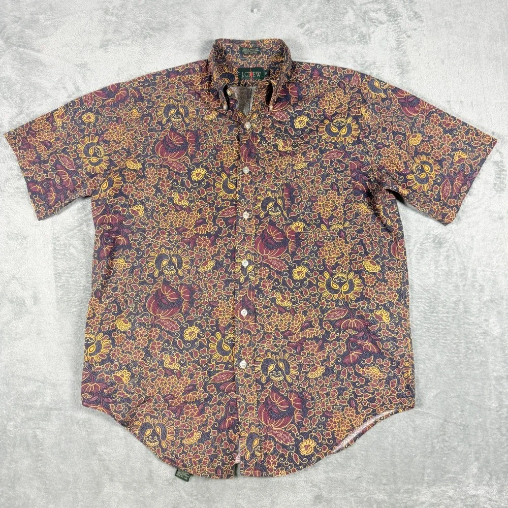 Vintage J.Crew Oarsman Mens Med Short Sleeve Button Down Shirt Batik Floral AOP